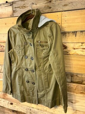 Women's Hurley Olive Cotton Twill Utility Jacket Removeable Hood Size M